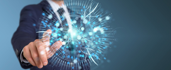 Businessman using digital eye surveillance hologram 3D rendering