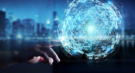 Businessman using digital triangle exploding sphere hologram 3D rendering