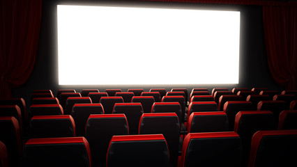 Empty red movie theater seats and blank cinema screen. 3D illustration