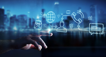 Businessman using thin line social network icons interface