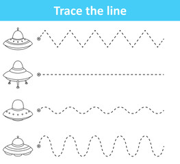 Trace line worksheet for preschool kids with spaceship