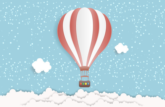 Hot air balloon in the sky with clouds. Origami paper art and digital craft style. Vector illustration