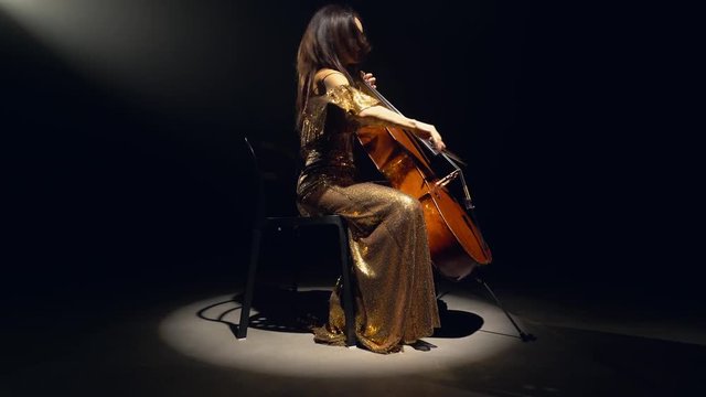 The cellist performs on stage.