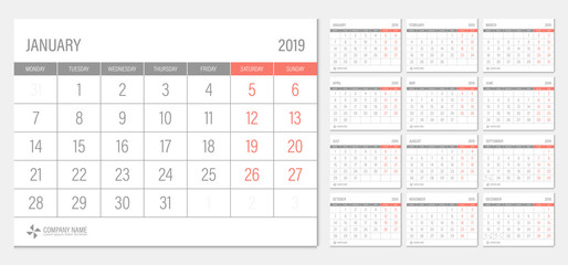 2019 calendar week start Monday corporate business luxury design layout template vector. - 225276569