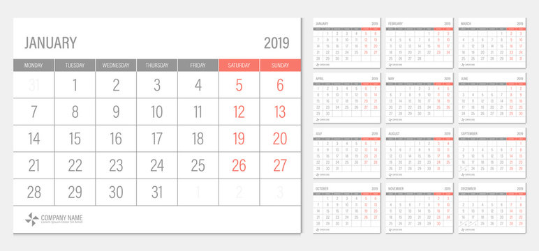 2019 calendar week start Monday corporate business luxury design layout template vector.