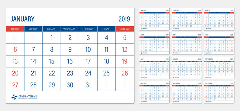 2019 calendar week start Sunday corporate business luxury design layout template vector.