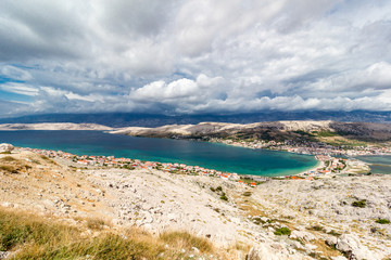 Fototapeta na wymiar Pag island bay aerial view, Dalmatia, Croatia