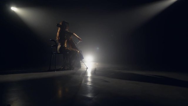 The cellist performs on stage.