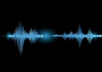Sound waves oscillating glow light in blue tone on black background, Technology digital splash or explosion concept, Neon sound waves in music production.