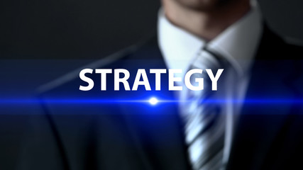 Strategy, businessman standing in front of screen, company business plan concept