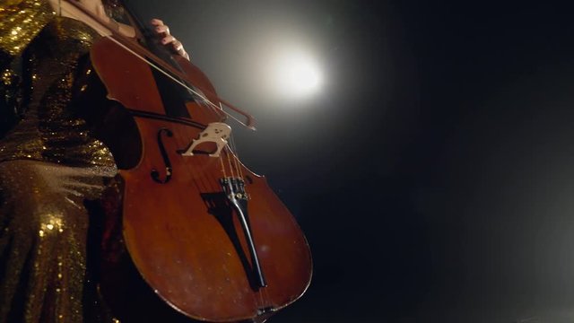 The cellist performs on stage.