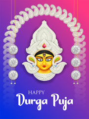 Goddess Durga Face in Happy Durga Puja Subh Navratri background