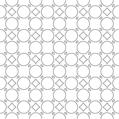 Seamless geometric minimalistic pattern in black circle, oval and square, repeating abstract white background.