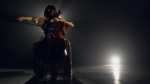 The cellist performs on stage.