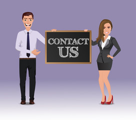 Funny Guy in casual business clothes with beautiful woman in business clothes with chalkboard with text Contact us