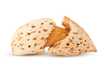 Almond nut in shell isolated on white background, clipping path, full depth of field