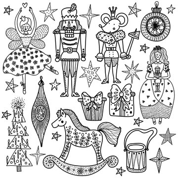 Christmas coloring book the Nutcracker. Magic vector illustration.