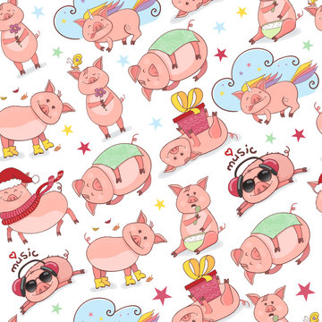 Seamless pattern with Funny Piggy symbol 2019 new year in doodle style. Piglet listens to music, eats, sleeps, holds a gift, in a Christmas hat.
