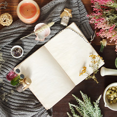 vintage notebook surrounded by herbs, alchemy appliances, potions and ingredients lies on a dark...