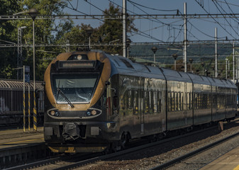 Fototapeta premium Black gold train in Zabreh station in summer day