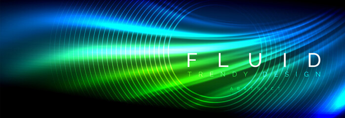 Neon glowing fluid wave lines, magic energy space light concept, abstract background wallpaper design