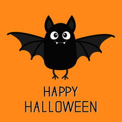 Happy Halloween. Bat vampire. Cute cartoon baby character with big open wing, ears, legs. Black silhouette. Forest animal. Flat design. Orange background. Isolated. Greeting card.