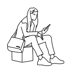 A woman with backpack sitting on cube, looking at mobile phone. Vector illustration of girl checking social networks. Concept. Sketch. Line art. Black lines on white background. Virtual communication