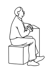 Old man crossing his hands, sitting on cube. Black lines isolated on white background. Concept. Vector illustration of old man with moustache in simple line art style. Monochromatic hand drawn sketch