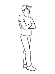 Man standing, arms crossed at chest. Black lines isolated on white background. Consept. Vector illustration of man in baseball cap in simple line art style. Monochromatic hand drawn sketch