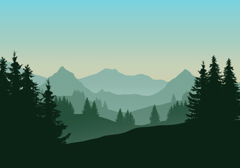 Realistic illustration of mountain landscape with coniferous forest and trees, under green blue sky with dawn