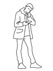 Man in windbreaker standing, attentively looking at mobile phone. Vector illustration of young man checking social networks or watching video. Concept. Black lines on white background