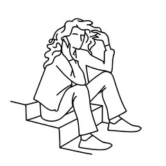 A woman sitting on stairs, talking on mobile phone. Smartphone. Black lines isolated on white background. Vector illustration of woman with curly hair communicating. Monochromatic hand drawn sketch