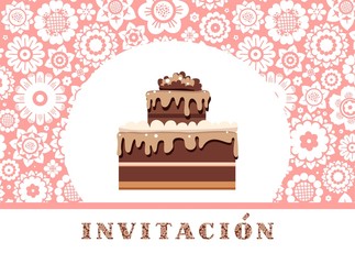 Invitation, postcard, chocolate cake, Spanish, floral, pink, vector. Color card. Invitation to a holiday, event, celebration. The inscription in Spanish 