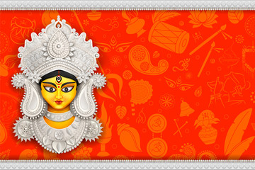 Goddess Durga Face in Happy Durga Puja Subh Navratri background