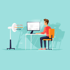 Man works at the computer, heat, fan blows the wind, programmer. Flat design vector illustration