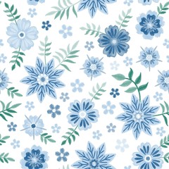 Embroidery seamless pattern with beautiful blue flowers on white background. Fashion design. Vector embroidered illustration.