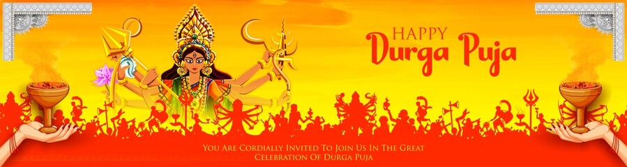 Goddess Durga Face in Happy Durga Puja Subh Navratri background