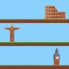 set of backgrounds. pixels 8 bit game, architecture of the world