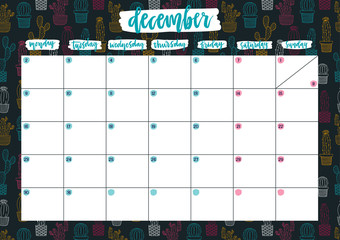 Cute A4 print ready calendar for December with notes. Monthly planer for 2019 year with neon cacti on dark background. Template vector illustration.