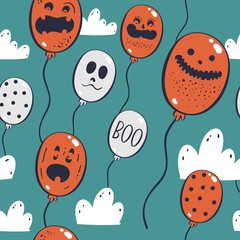 Halloween seamless pattern with cute ghost balloons. Vector illustration.
