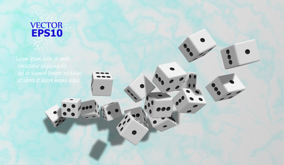The dice fall on the marble surface. Vector illustration. Presentation background.