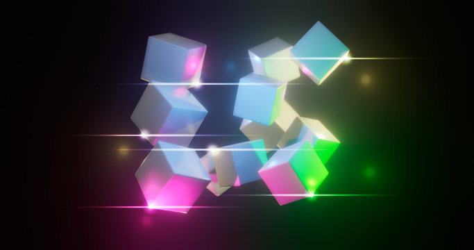 3D rendering. Multicolored cubes on a bright background. Geometric figures surrounded by bright highlights. Colorful environment