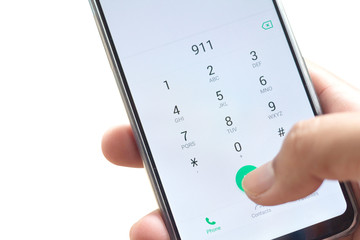 Emergency and urgency, dialing 911 on smartphone screen isolated on white background