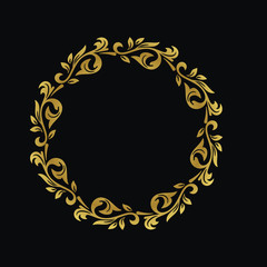 Vintage style empty gold frame on black backdrop. Template for invitation, anniversary, greeting card.