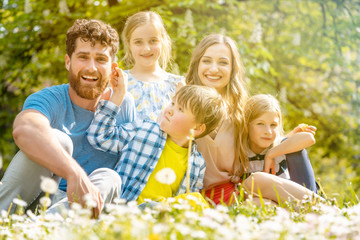 Fototapeta premium Family of five sitting on a meadow blowing dandelion flowers being happy and playful