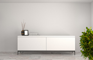 white modern Tv cabinet,empty room interior background  3d illustration home designs,room interior  background,shelves and books on the desk in front of  wall empty wall