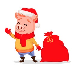 Merry Christmas. Cute pig wearing Santa Claus hat