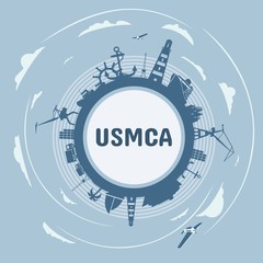 USMCA - United States Mexico Canada Agreement. Circle with sea shipping and travel relative silhouettes. Objects located around the circle.