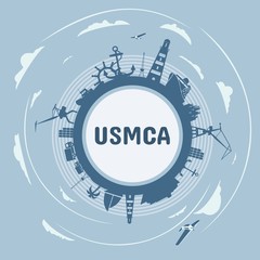 Fototapeta premium USMCA - United States Mexico Canada Agreement. Circle with sea shipping and travel relative silhouettes. Objects located around the circle.