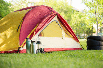 Camping background of a tent with copy space.